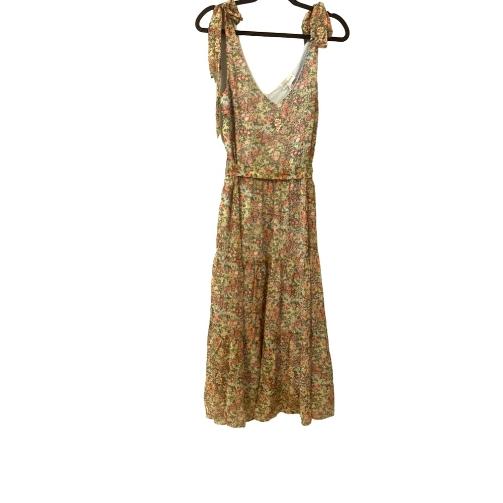 Lucy Paris Marianna Tiered Floral Print Midi Dress Ties at Shoulders NWT Size XS